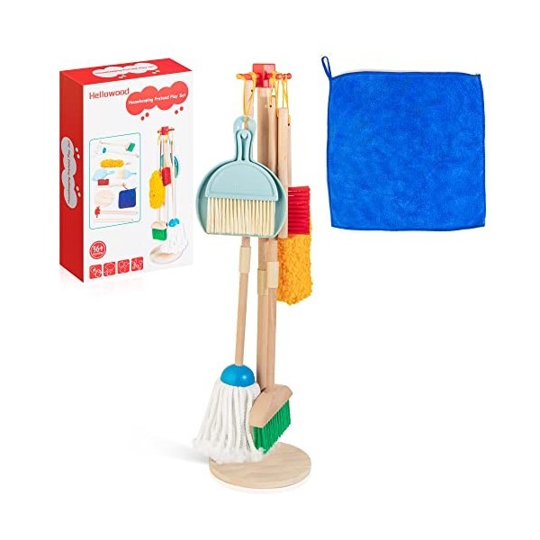 HELLOWOOD Kit de nettoyage en bois pour enfants, 8 pièces de jouets ménagers Set de jeux de rôle, y compris balais Mop brosse