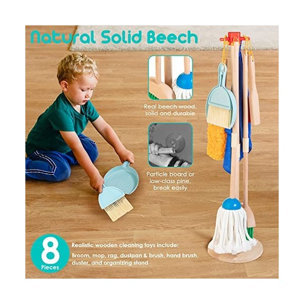 HELLOWOOD Kit de nettoyage en bois pour enfants, 8 pièces de jouets ménagers Set de jeux de rôle, y compris balais Mop brosse