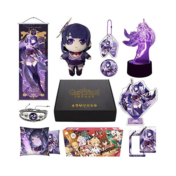 MOTAO Genshin Impact Box Coffret Cadeau avec Peluche, Veilleuse, Poster, Taie doreiller, Stand, Bracelet, Badge, Keychain, P