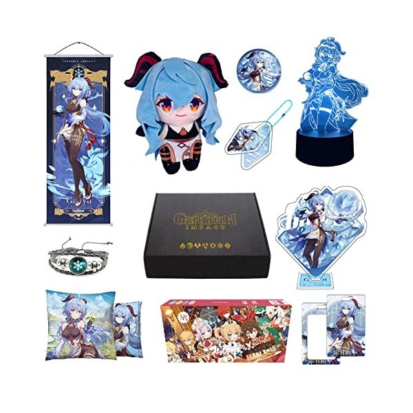 MOTAO Genshin Impact Box Coffret Cadeau avec Peluche, Veilleuse, Poster, Taie doreiller, Stand, Bracelet, Badge, Keychain, P