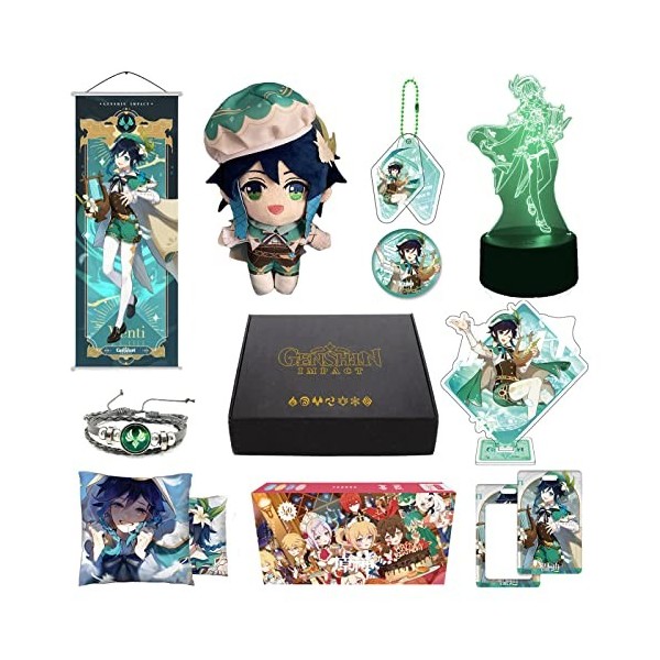 MOTAO Genshin Impact Box Coffret Cadeau avec Peluche, Veilleuse, Poster, Taie doreiller, Stand, Bracelet, Badge, Keychain, P