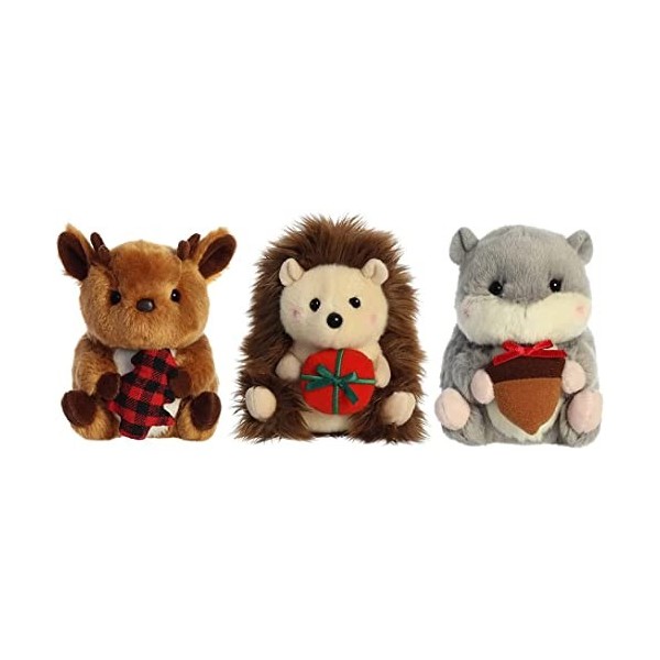 Aurora 3 Piece Plush Rolly Pet 5" Christmas Holiday Assortment, Hedgehog, Reindeer and Squirrel