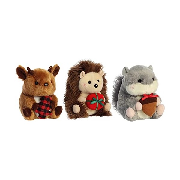 Aurora 3 Piece Plush Rolly Pet 5" Christmas Holiday Assortment, Hedgehog, Reindeer and Squirrel