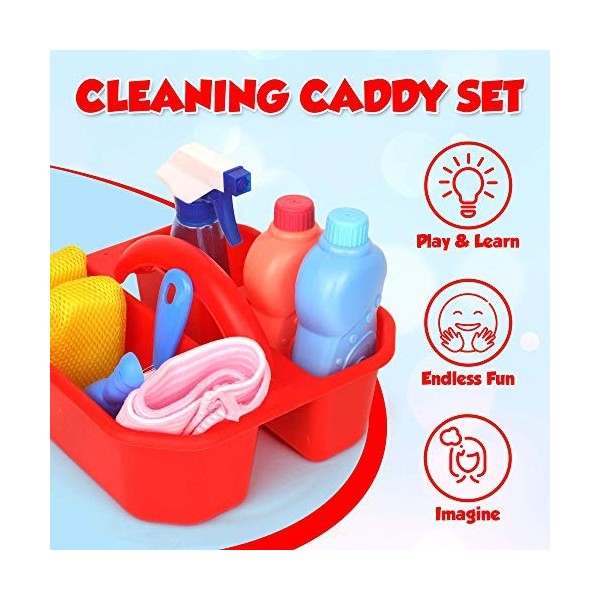 Playkidiz Set Menage Enfant, 10Pcs - Cleaning Caddy Set, Comprend Spray, Éponge, Raclette, Balai Enfant, Organizer Caddy - Pl