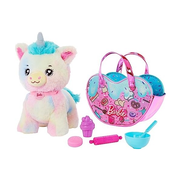 Barbie Animaux en peluche, jouets licorne, licorne en peluche avec sac à main sur le thème du dessert et 5 accessoires, avent