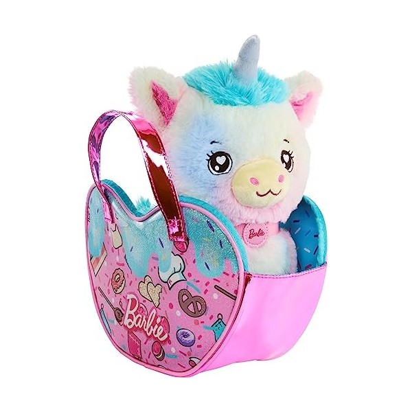 Barbie Animaux en peluche, jouets licorne, licorne en peluche avec sac à main sur le thème du dessert et 5 accessoires, avent