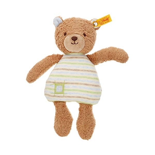 Steiff 242212 Rudy Ours en peluche pour bébé avec bouton dans loreille Lavable Marron clair/bleu/marron 24 cm