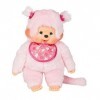 Sekiguchi Monchhichi 242405 Peluche Originale pour Fille, en Peluche Rose, avec Bavoir et Tresses avec Fleurs, env. 45 cm