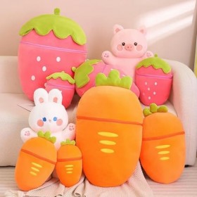 EacTEL Kawaii Peluche Jouet Lapin en Peluche Cochon caché dans Carotte Fraise Sac Fruits créatifs taiyaki Oreiller Jouet Enfa