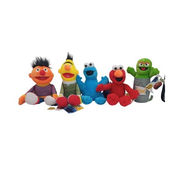 Play by Play Pack 5 Peluches Rue Sesame: Ernest et Bart Macaron - Elmo et Mordicius 18-25cm