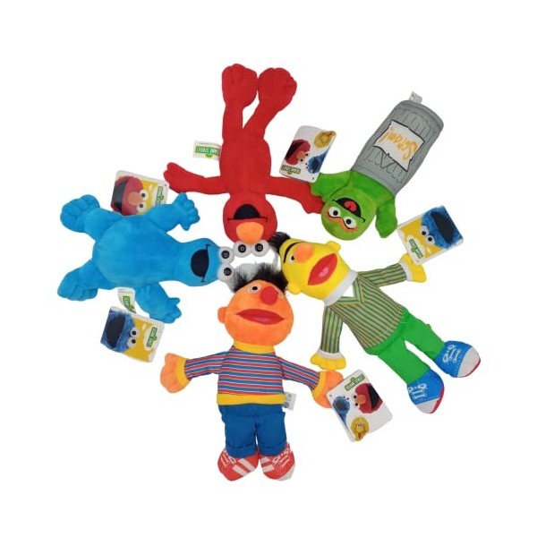 Play by Play Pack 5 Peluches Rue Sesame: Ernest et Bart Macaron - Elmo et Mordicius 18-25cm