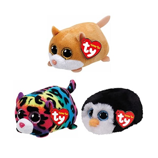 TY Teeny TY Multipacks | Jelly Multicolore Léopard, Waddles Pingouin, Peewee Hamster | Lot de Jouets en Peluche à Collectionn