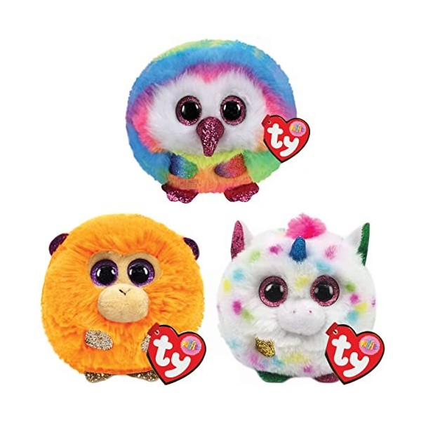 TY Puffies Peluche Douce Multipack | Owen, Coconut, Harmonie | 4 Pouces Collectible Doudou Beanie Bébé Teddy