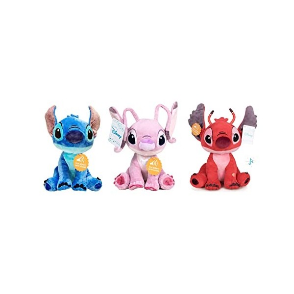 STITCH Lilo&Stitch - Pack 3 Peluches 1141 "/ 29cm, Angel et Leroy Bleu, Rose et Rouge avec Son. Qualité Super Soft