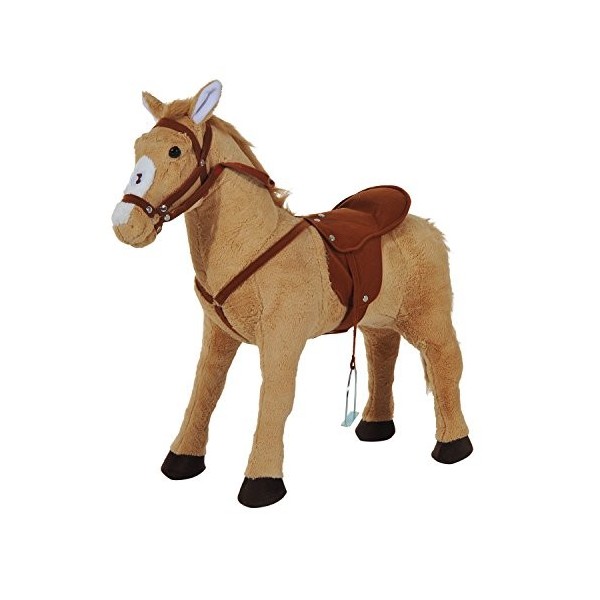 HOMCOM Cheval Debout en Peluche pour Enfant à partir de 3 Ans, avec Effets sonores, Selle et Bride, 85 cm Longueur , Beige