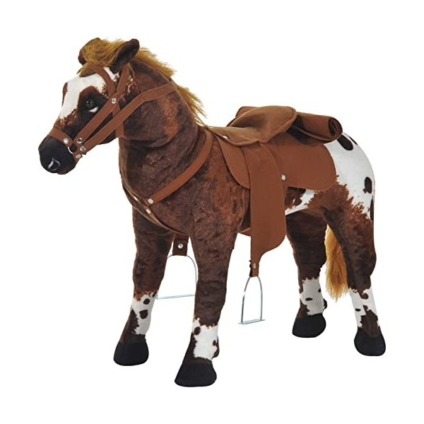 HOMCOM Cheval Debout en Peluche pour Enfant à partir de 3 Ans, avec Effets sonores, Selle et Bride, 85 cm Longueur , Beige