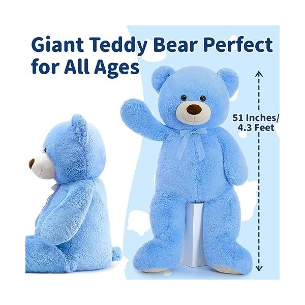 MorisMos Ours en Peluche Geant XXL 130cm, Kawaii Nounours Geante Bleu, Grand Teddy Bear Douce, Idée Cadeau Noël pour Bebe Enf