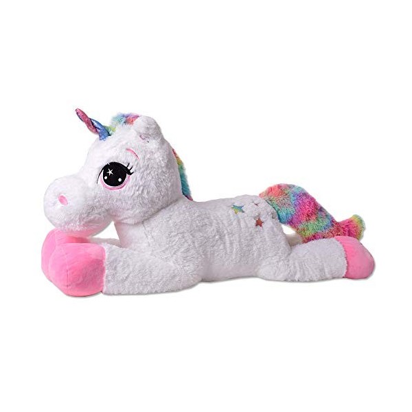 TE-Trend Énorme Licorne XXL Animaux en Peluche Peluche Peluche Blanc 110 cm Grand Déco Arc-en-Ciel Glitzerhorn Multicolore