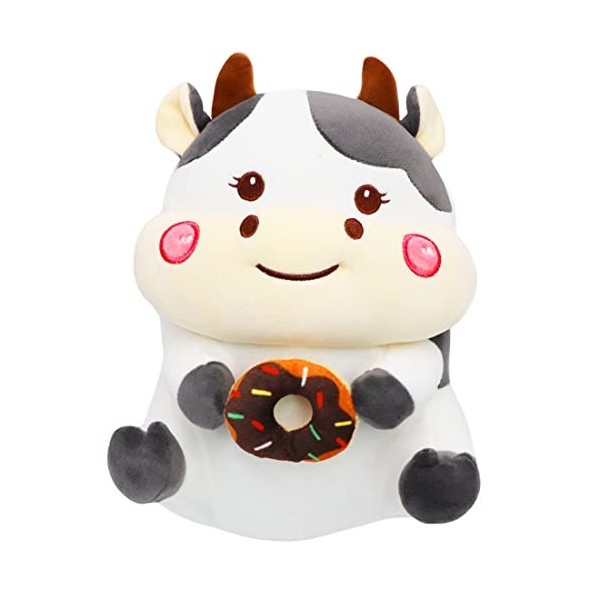 ELAINREN Jouet en peluche en forme de vache laitière noire et blanche Holstein avec beignet, peluche douce à offrir à câliner