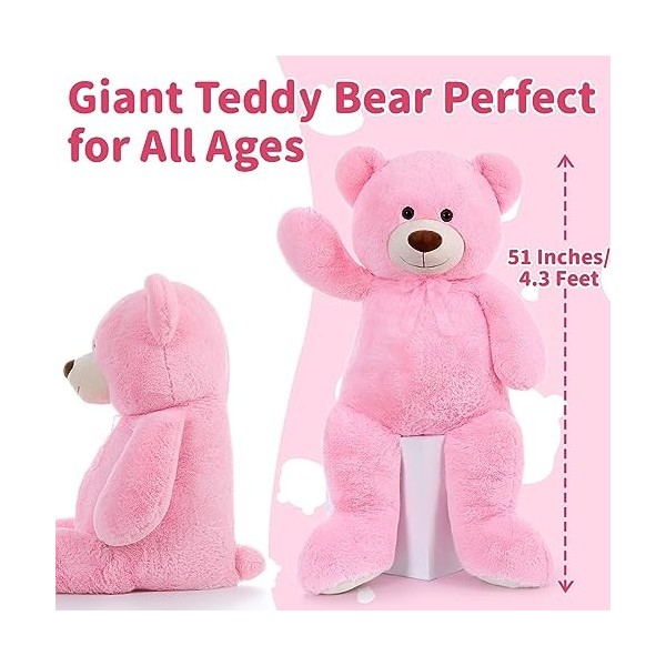 MorisMos Ours en Peluche Geant XXL 130cm, Kawaii Nounours Geante Rose, Grand Teddy Bear Douce, Idée Cadeau Noël pour Bebe Enf