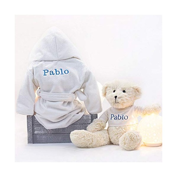 BebeDeParis | Cadeaux originaux pour les nouveau-nés | Panier avec peignoir brodé et ours en peluche | 3-6 mois Bleu 