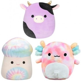 Squishmallows Lot de 3 mini peluches Alexie la vache violette, Kervena le champignon Tie Dye et Aksel lAxolotl – Licence off