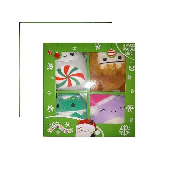 Squishmallows Lot de 4 jouets de Noël de 12,7 cm – Benny, Beula, Nissa, Johann – Peluche Kellytoy sous licence officielle – J
