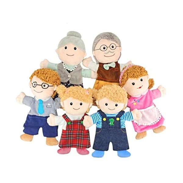 WBTY Lot de 6 marionnettes à main pour grands-parents, maman, fils, fille en peluche douce pour les membres de la famille, ma