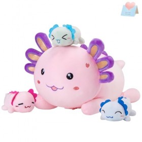 Houwsbaby Axolotl Lot de 4 animaux en peluche 1 maman triton avec 3 bébés salamandre Noël, Saint-Valentin, anniversaire, fête