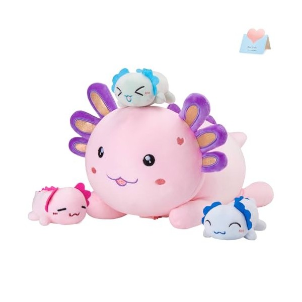 Houwsbaby Axolotl Lot de 4 animaux en peluche 1 maman triton avec 3 bébés salamandre Noël, Saint-Valentin, anniversaire, fête