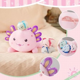 Houwsbaby Axolotl Lot de 4 animaux en peluche 1 maman triton avec 3 bébés salamandre Noël, Saint-Valentin, anniversaire, fête