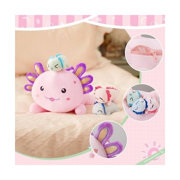 Houwsbaby Axolotl Lot de 4 animaux en peluche 1 maman triton avec 3 bébés salamandre Noël, Saint-Valentin, anniversaire, fête