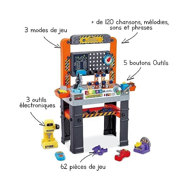 VTech - Mon Super Établi Interactif, Bricolage Enfant, Jeux Éducatifs, Jeu de Construction Autonome, 96 Pièces et Accessoires