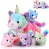 Harrycle 5 Pièces Set de Chat Licorne en Peluche de Noël 1 Maman Animal Chat Licorne en Peluche 40 cm avec 4 Bébés Chatons en