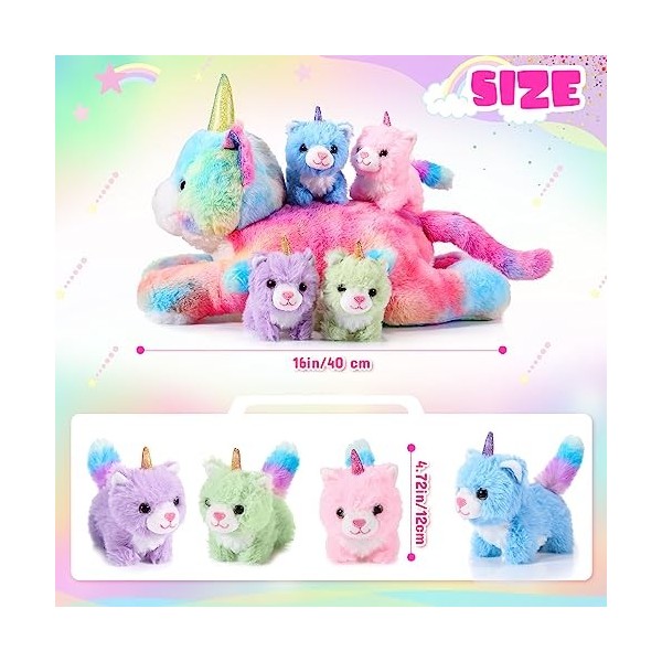 Harrycle 5 Pièces Set de Chat Licorne en Peluche de Noël 1 Maman Animal Chat Licorne en Peluche 40 cm avec 4 Bébés Chatons en