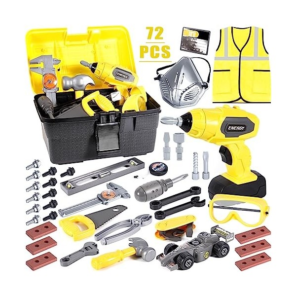 NCKIHRKK 72 Pièces Boite a Outils Enfant, Outils Enfant Outils de Construction et Accessoires, Etablie Bricolage Enfants, Cai