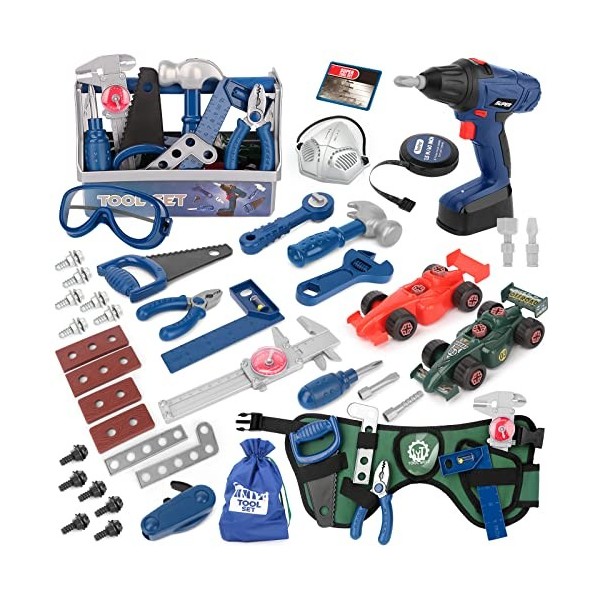 Vanplay Outils Enfant 87 Pièces Boite a Outil avec Perceuse Électrique, Visseuse, Metre Ruban, Démonter et Assembler Voiture,