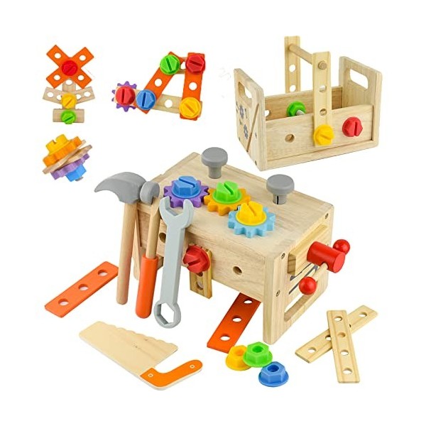 Coriver Jouet en Bois Outils Enfant, 24 Pièces Boîte à Outils en Bois, Jouet Montessori en Bois, Jouets en Bois Outils et éta