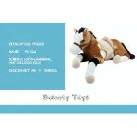 Sweety Toys- Plüsch Lucky 6502 Cheval géant couché avec Selle Taille XXL, Marron/Beige
