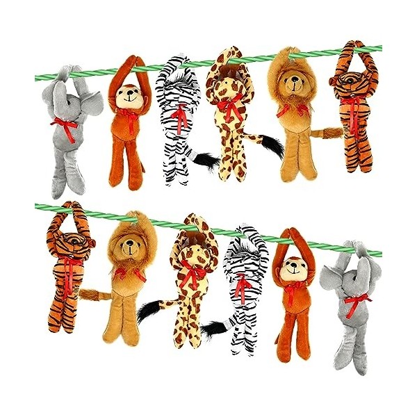 Lot de 12 animaux en peluche à bras long pour animaux en peluche de safari, girafe, éléphant, lion, zèbre, singe, tigre pour 