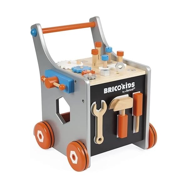 Janod - BricoKids Chariot de Bricolage Enfant en Bois - Magnétique - Imitation et Eveil - 25 Outils et Accessoires Inclus - 