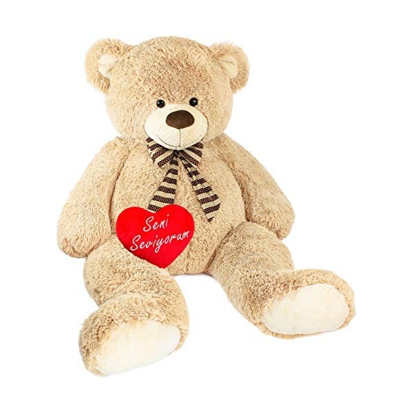 BRUBAKER Peluche géante XXL - Ours/Nounours - 150 cm - Beige - Cœur en Peluche Seni Seviyorum Inclus