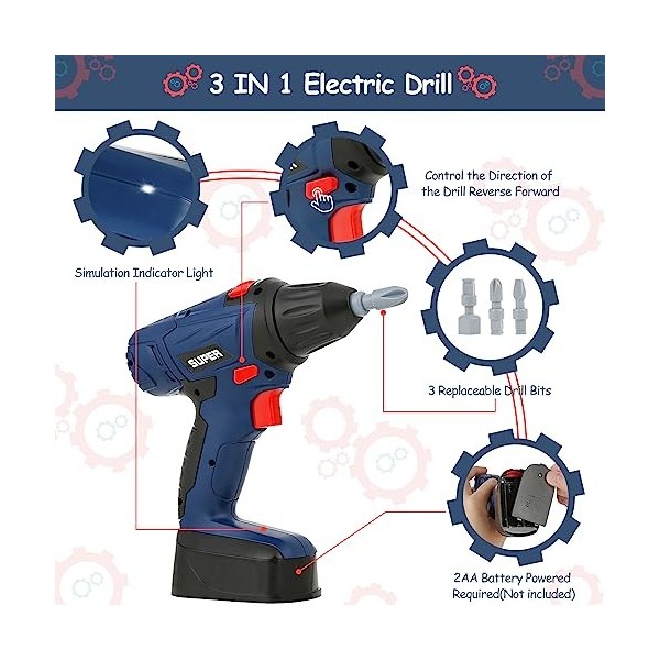 Sterneer Outils Enfant Bricolage, 46 Pièces Boite a Outil avec Perceuse Électrique Malette Outils Visseuse Malette Outils Cad