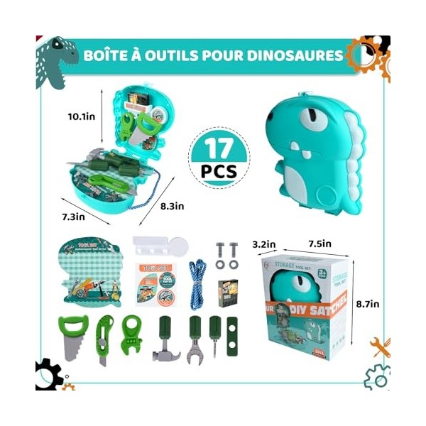 Ulikey Boite à Outils Enfant Dinosaure, 17 Pièces Malette Outils Enfant Accessoires dOutil avec Visseuse Marteau Scie, Jouet