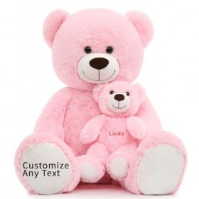 MorisMos Idee Cadeau Personnalisé de Noël, 100cm Ours en Peluche Rose Grand avec Nom, Kawaii Nounours Géant avec Bébé Mignonn