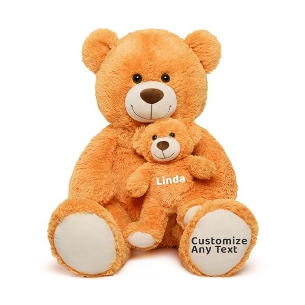 MorisMos Idee Cadeau Personnalisé de Noël, 100cm Ours en Peluche Rose Grand avec Nom, Kawaii Nounours Géant avec Bébé Mignonn