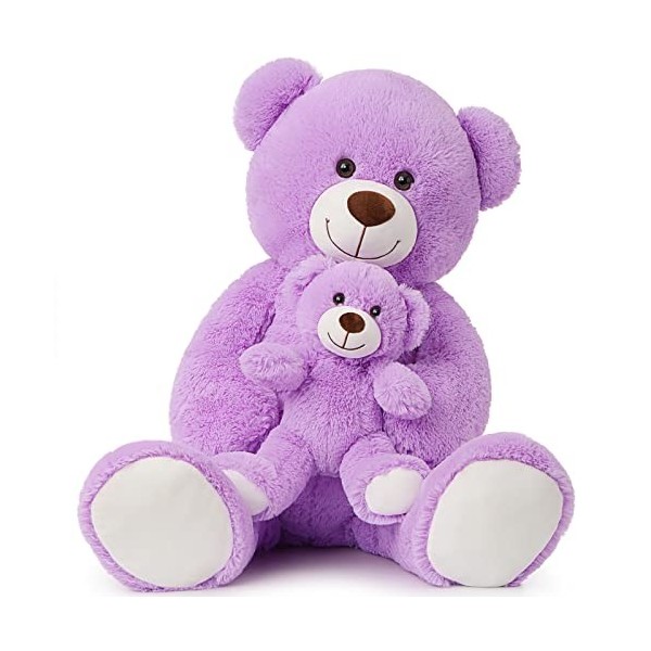 MorisMos Idee Cadeau Personnalisé de Noël, 100cm Ours en Peluche Rose Grand avec Nom, Kawaii Nounours Géant avec Bébé Mignonn