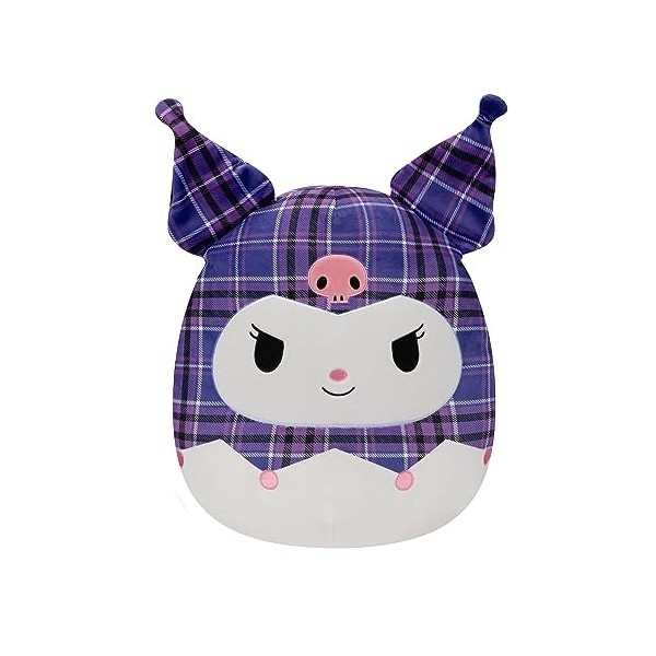 Squishmallows Peluche Kuromi à carreaux violets de Sanrio 35,6 cm – Grande peluche officielle de Jazwares Ultrasoft