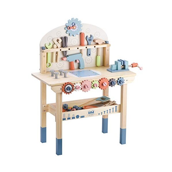 Jouet Bricolage Enfant, Etabli Bricolo Center en Bois, Jouet en Bois Établi du Bricoleur avec 63 Accessoires pour 3+ Ans