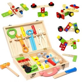 Forroby Caisse a Outil Enfant, 48 Pièces Jouets en Bois Boite a Outil Enfant, DIY Jeux de Construction Enfant Outils et établ